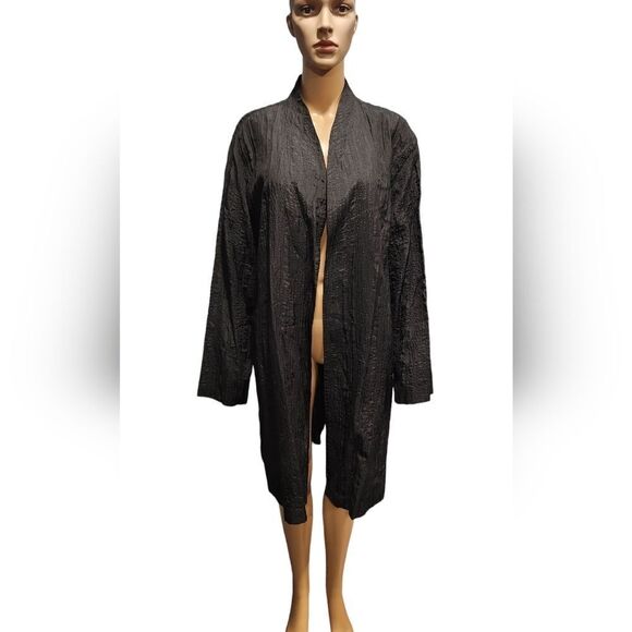 Eileen Fisher woman Womens black plus size Silk crinkle open front duster Sz XL